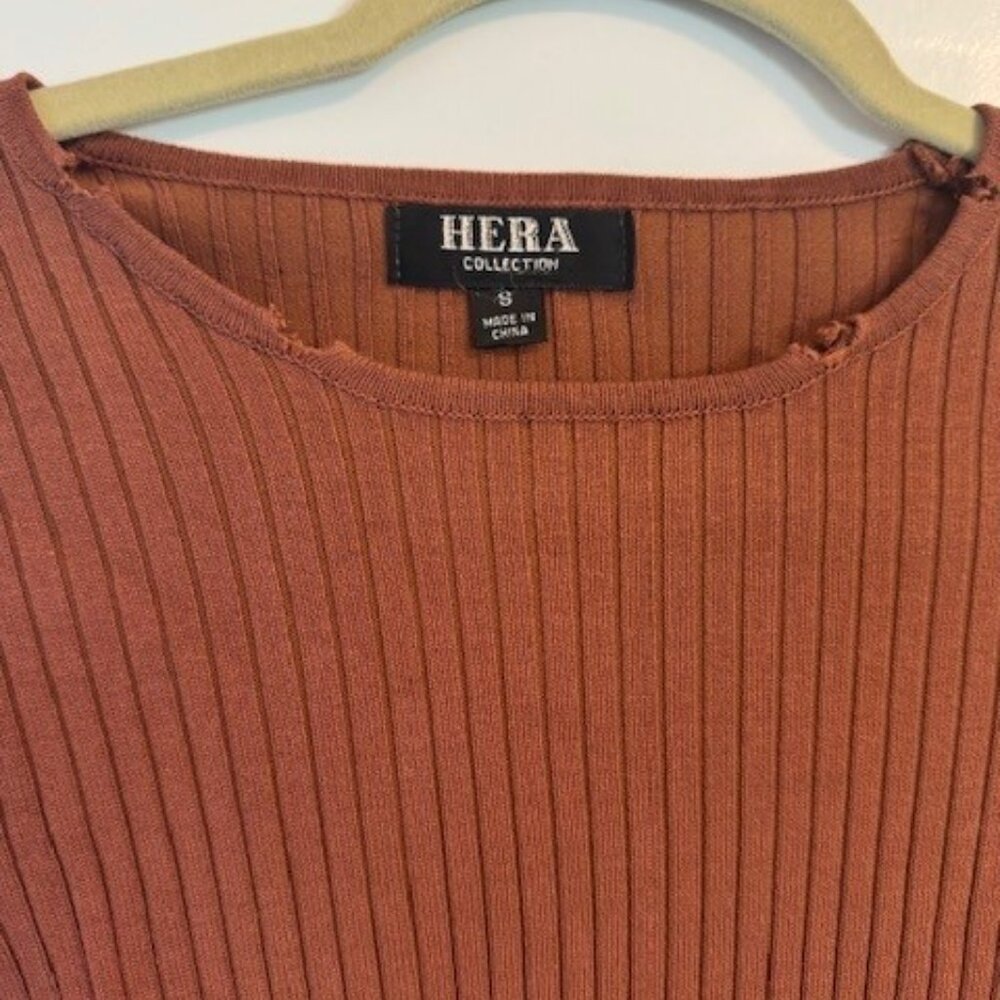Hera Collection Rust Colored Long Sleeve Ribbed Dress with Distressed Lining - Picture 3 of 6